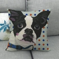 Detail of oil painting dog print linen pillowcase on a grey fabric sofa - 45x45cm / Frenchie Boston Terrier Illustration (3)