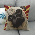 Detail shot of a square linen pillowcase with a pug dog portrait and sunburst design - 45x45cm / Pug Head Illustration (4)