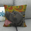 Close-up of linen pillow cover with oil painting style black bulldog on a grey sofa - 45x45cm / Black Bull Terrier Pop Art (7)