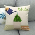 Linen pillowcase detail featuring cactus print and blue watering can on a gray sofa - Rebutia Style (5)