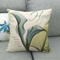 Detail of linen pillowcase with X-ray flower print and Hope text on a gray sofa - Dark Green Calla Lily Hope (13) / 18x18 Inch