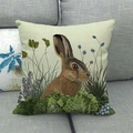 Easter rabbit throw pillow cover made of textured linen fabric with vivid floral prints - Realistic Brown Hare Style / 45x45cm