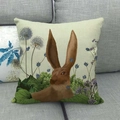 Detailed texture of linen cushion cover featuring a vintage rabbit and floral print - Vintage Realistic Brown Hare Style / 45x45cm