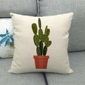 Detailed texture of linen cushion cover with cartoon green cactus potted plant print - 45cmx45cm / Artistic Digital Print Cactus Style (14)