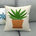 Detail of cartoon green succulent plant printed on beige linen pillowcase texture - 45cmx45cm / Cartoon Succulent Aloe Style (15)
