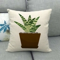 Detail of linen cushion cover with green potted cactus print on a grey sofa - 45cmx45cm / Illustrated Snake Plant Succulent Style (16)