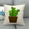 Detail of linen pillow cover with green cactus print on a grey fabric sofa background - 45cmx45cm / Gray Pebble Cactus Illustration Style (18)