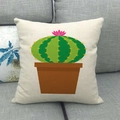 Close-up of a green cactus print on a beige linen throw pillow case on a sofa - 45cmx45cm / Spherical Cactus With Pink Flower Style (19)