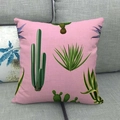 Linen cactus throw pillow cover on grey sofa with soft pink botanical patterns - Pink Base Green Plant Style (12)