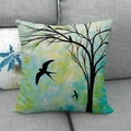 Detailed close-up of bird and tree watercolor prints on a linen throw pillow cover - 18x18 Inch / Watercolor Hand-painted Trees and Swallows Style (4)