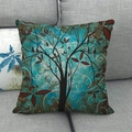 Detailansicht der Leinen-Kissenhülle mit abstraktem Ölgemälde von Baum und Vögeln - 45x45 cm / Blaugrün Brauner Künstlerischer Baum und Vogel Stil (6)