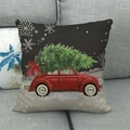 Linen Christmas pillow case with a red vintage car and a green tree on a gray sofa - 45x45cm / Retro Red Beetle Car Style