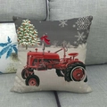 Detail of Christmas pillow cover with red tractor and tree on rustic linen fabric - 45x45cm / Red Tractor Country Style