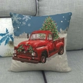 Detail of Christmas tree red truck pattern on premium linen decorative pillowcase - 45x45cm / Dark Blue Starry Sky Retro Truck Style