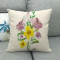 Detail of colorful watercolor floral print on textured linen throw pillow case - 45cmx45cm / Pink and Yellow Watercolor Floral Pattern (1)