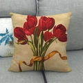Close-up of linen pillow cover featuring red tulip bouquet with golden ribbon detail - Retro Red Tulip Bouquet (8)