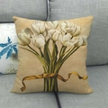 Detail of colorful floral linen pillowcase showing tulip print and woven fabric texture - Warm Beige with White Tulips (9)