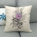 Detailed macro view of linen throw pillow featuring dragonfly and floral prints on sofa - Dragonfly and Pale Purple Floral (11)