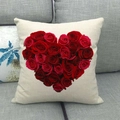 Linen pillowcase with red rose heart print on creamy base, square sofa cushion cover - 45cmx45cm / Red Rose Heart (1)