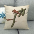 Square linen pillowcase featuring realistic green cactus and red flower print on beige - Realistic Cactus Pattern (Pattern 21) / 45x45cm