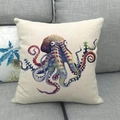Close-up of linen pillowcase with watercolor octopus print on grey fabric sofa - Watercolor Octopus Style 1 (1) / 18x18 Inch