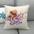 Detailed close-up of watercolor octopus print on linen throw pillow on a grey sofa - Watercolor Octopus Style 2 (2) / 18x18 Inch