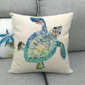 Detail of linen cushion cover featuring artistic watercolor sea turtle print on beige fabric - Colorful Watercolor Turtle Style (3) / 18x18 Inch