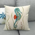Housse de coussin en lin avec motif aquarelle d'hippocampe bleu sur fond crème doux - Style Hippocampe Bleu Vert (9) / 45x45 cm