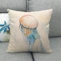 Détail d'une housse de coussin carrée en lin avec motif de méduse à l'aquarelle - Style Méduse Frais (13) / 45x45 cm