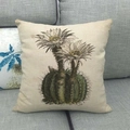 Linen square pillowcase with vintage cactus and blooming flower print on beige fabric - Cactus Ball Flower Pattern (Pattern 22) / 45x45cm