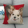 Linen pillowcase with oil painting Papillon dog print on bright red background - 45x45cm / Papillon Red Background Art (15)