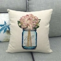Linnen kussensloop met aquarelprint van blauwe mason jar en roze hortensia's - 45x45 cm / Roze Hortensia Aquarel (3)
