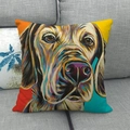 Linen throw pillow cover featuring a colorful oil painting style dog portrait on a sofa - 45x45cm / Colorful Oil Painting Dog Head (17)