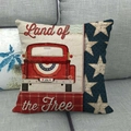 Detail of American vintage red truck linen pillow cover on a grey sofa - 18x18 Inch / USA Flag Vintage Pickup Style (6)