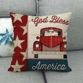 Close-up of linen pillow cover with red truck and God Bless America print on grey sofa - 18x18 Inch / God Bless America Vintage Truck Style (8)
