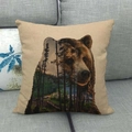Leinen-Kissenbezug mit künstlerischem Braunbären- und Waldlandschafts-Motiv für Sofa - Braunbär Landschaft Doppelbelichtung (1)