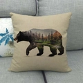 Close-up of beige linen pillowcase showing double exposure bear and forest print detail - Roaring Black Bear Sunset Forest (6)