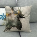 Close-up of linen pillowcase with watercolor elk head print on grey fabric sofa - Watercolor Deer Head Abstract (14)