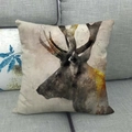 Detail of artistic watercolor deer silhouette print on linen cushion on grey sofa - Modern Watercolor Deer Shadow (15)