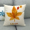 Linen pillow cover with watercolor maple leaf design and Hello Fall text - Hello Fall Maple Leaf Style