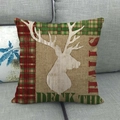 Detail view of linen Christmas pillow case with reindeer silhouette and red plaid patterns - Plaid Deck The Halls Elk (7)