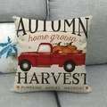 Detail of autumn harvest pillowcase with vintage red truck and pumpkin pattern on sofa - Autumn Harvest Truck Style (8)