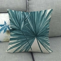 Linen decorative pillow cover with blue palm leaf pattern on a grey sofa couch - 18x18 Inch / Cyan Blue Hand-painted Palm Leaf (6)