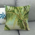 Detailed close-up of palm leaf print on textured linen fabric of the square pillowcase - 18x18 Inch / Emerald Tropical Palm Tree (7)