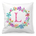 Detail view of peach skin fabric pillowcase featuring floral wreath and letter L design - Watercolor Floral Wreath Letter L Style (12) / 45x45cm