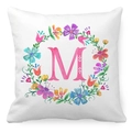 Macro detail of square peach skin pillowcase with floral wreath and letter M print - Watercolor Floral Wreath Letter M Style (13) / 45x45cm