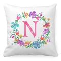 Macro detail of alphabet N floral wreath printed on soft white peach skin pillowcase - Watercolor Floral Wreath Letter N Style (14) / 45x45cm