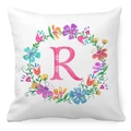 Macro shot of peach skin fabric cushion cover with floral wreath and letter R design - Watercolor Floral Wreath Letter R Style (18) / 45x45cm