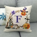 Dettaglio trama federa Halloween in lino con stampa di zucca e lettera F personalizzata - Lettera F Viola (6) / 45x45cm