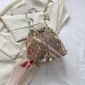 Bohemian woven bucket bag with colorful geometric patterns and silver chain strap - Khaki